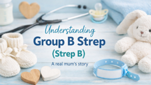 Soft, neutral baby items used to illustrate a real mum’s story about Group B Strep in pregnancy