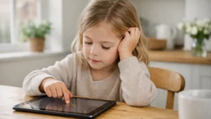 Young child using a tablet at a kitchen table in a bright UK home, resting her head on one hand while concentrating on the screen.