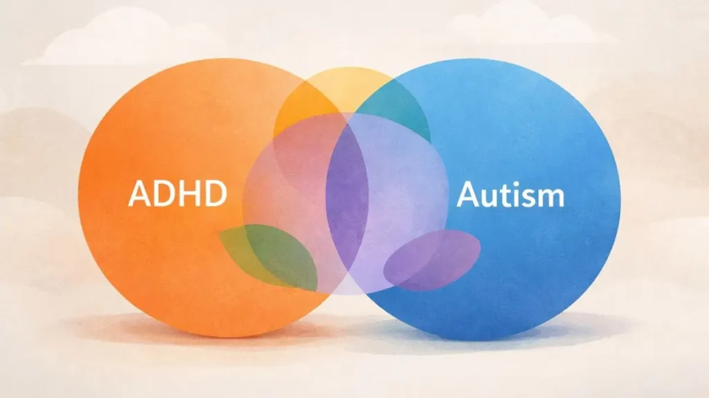An ADHD vs Autism venn pastel diagram image showing that the two overlap.