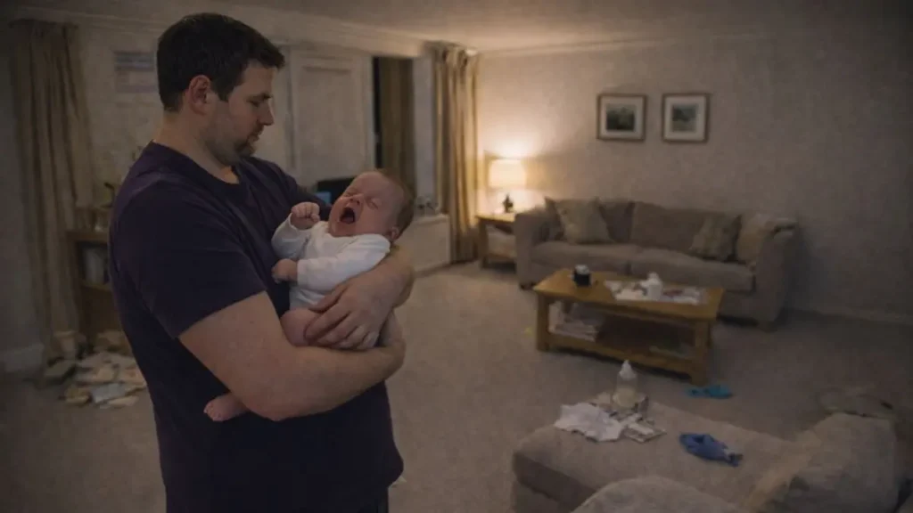 A dad comforting an unsettled baby in the evening.