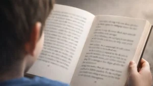 Over-the-shoulder view of a child looking at a book, with softly blurred text