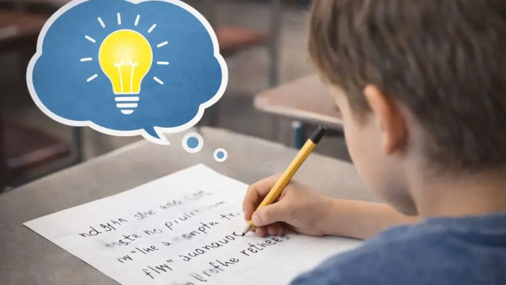 Child with ideas in a speech bubble but tangled letters on paper a visual metaphor for strong ideas not matching written output