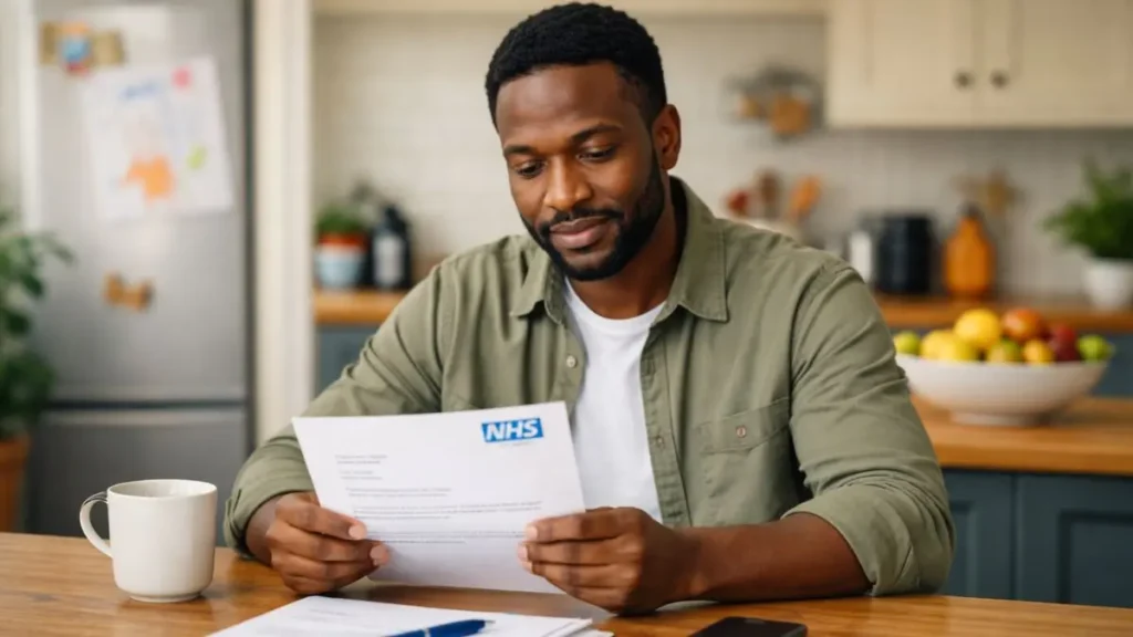 Parent holding a letter while sitting calmly at a kitchen table