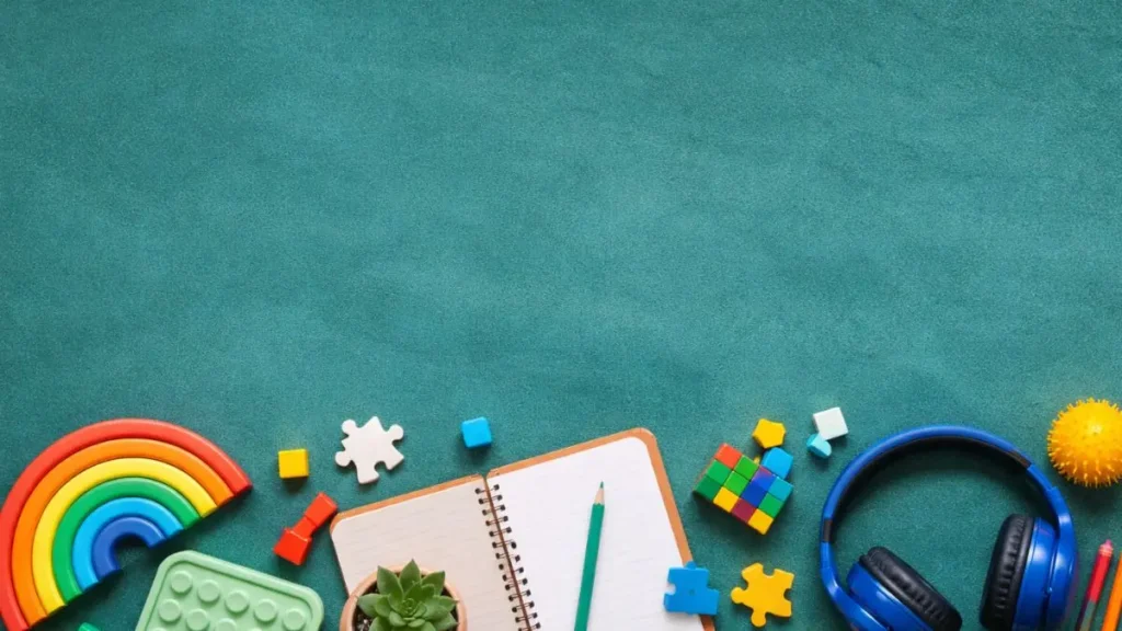 Colourful educational toys and sensory items arranged on a calm background