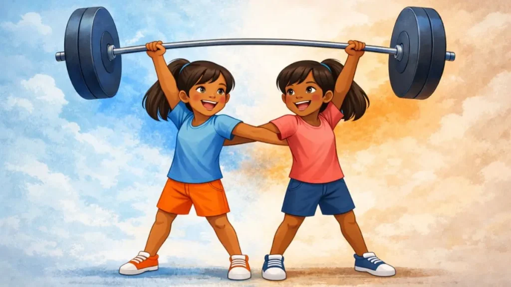 Two versions of the same child working together and lifting a heavy barbell