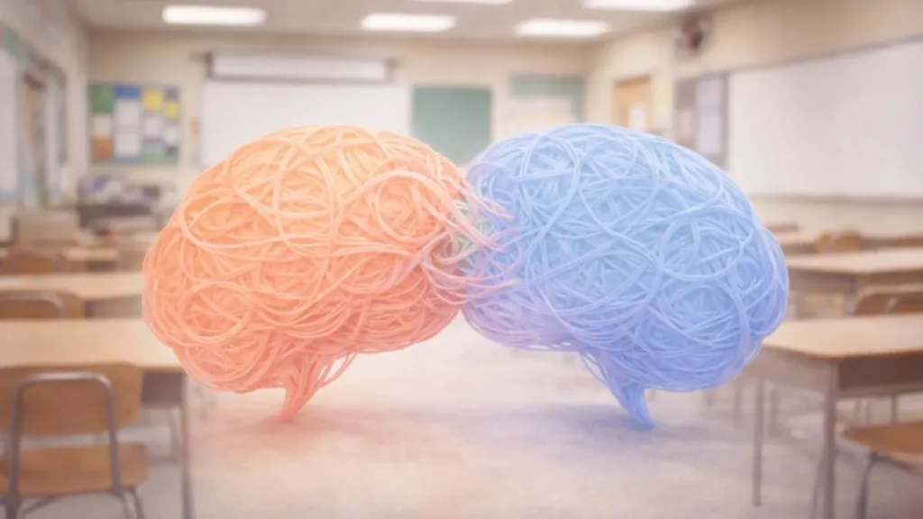 Two pastel wool brains overlapping in a blurred classroom, representing ADHD and autism overlap
