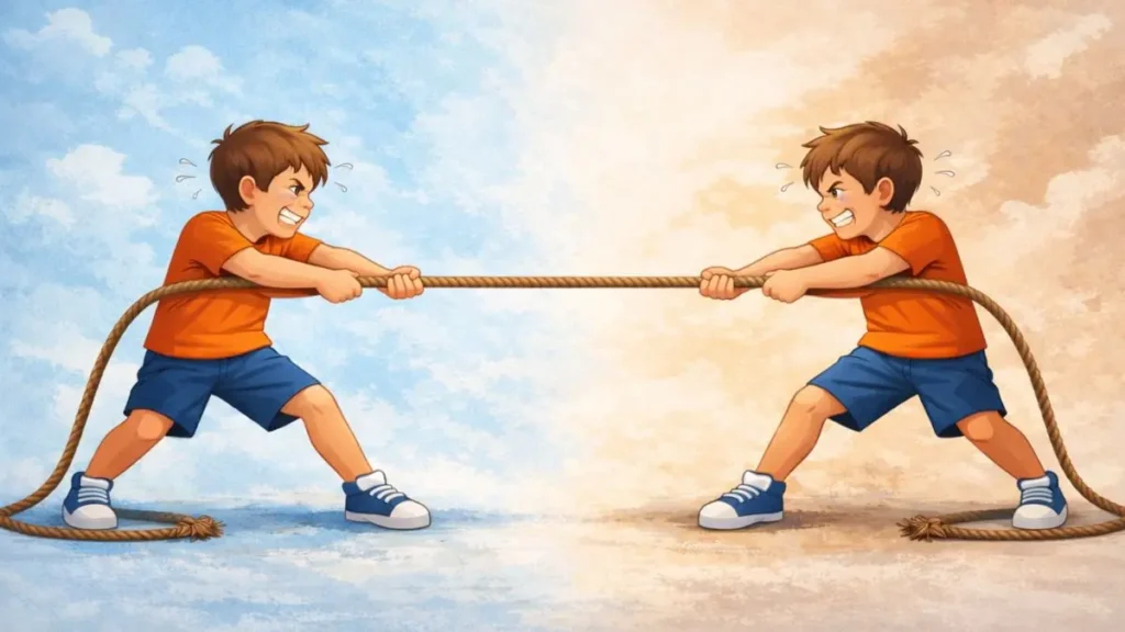 A child pulling against himself in a tug of war, showing effort and strain
