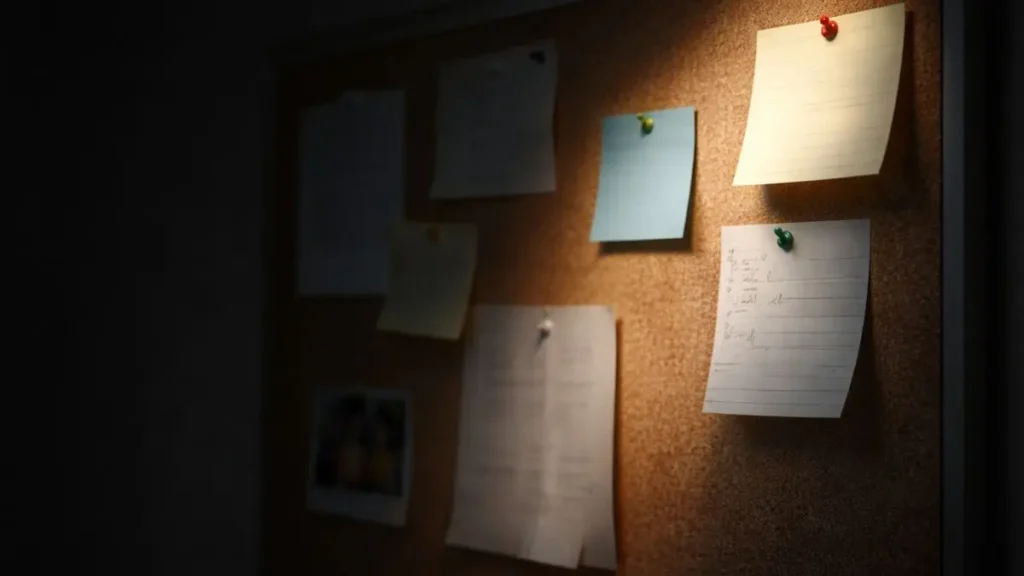 A noticeboard partially revealed by soft light, with the rest in shadow