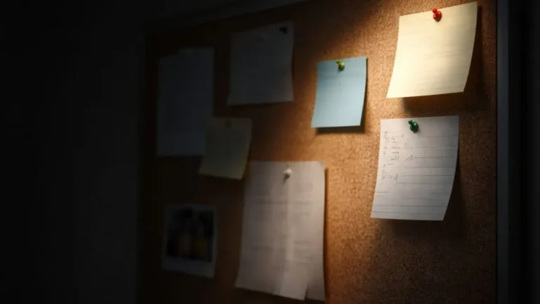 A noticeboard partially revealed by soft light, with the rest in shadow
