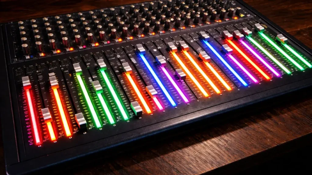 Audio mixing desk with multiple coloured sliders set at different levels