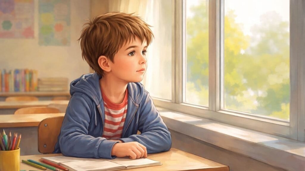 Primary school child sitting quietly in a classroom, showing autism traits that don’t fit stereotypes