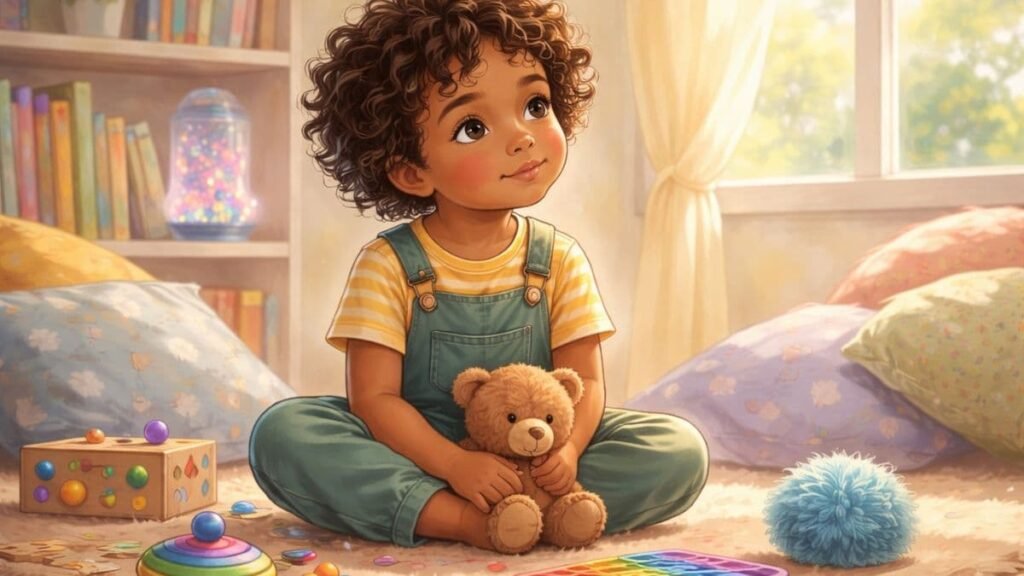Young child sitting calmly in a bedroom with sensory toys, illustrating quieter autism traits in children
