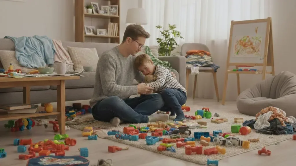 A parent supporting an upset child in a family home