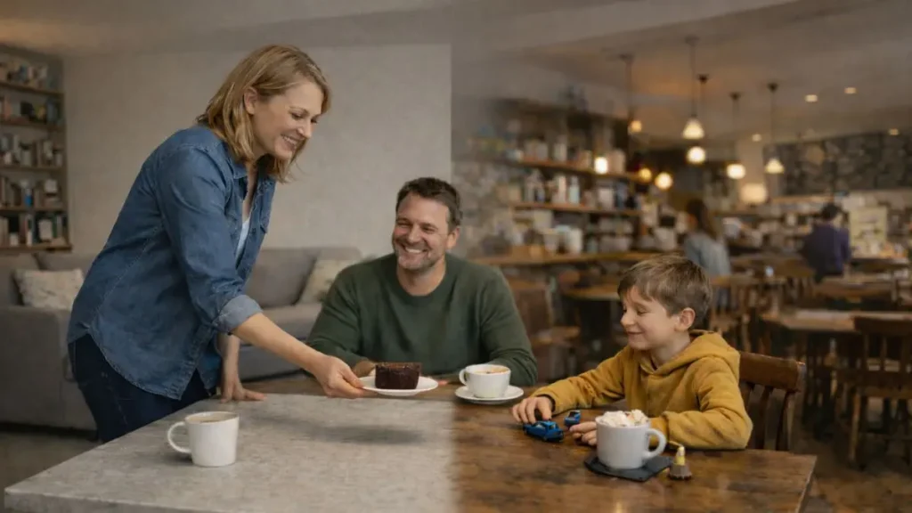 Family creating a coffee shop at home with their child at the table.