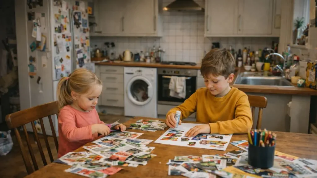 Children doing craft activities at home with paper and glue.