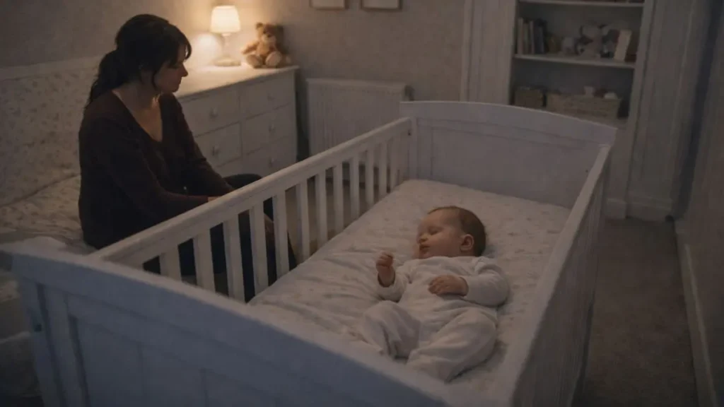 Parent staying calm during baby bedtime.