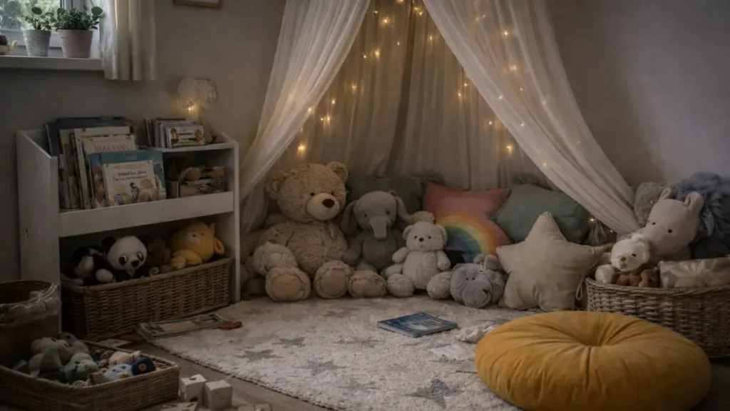 A calm corner with books and toys in a family home
