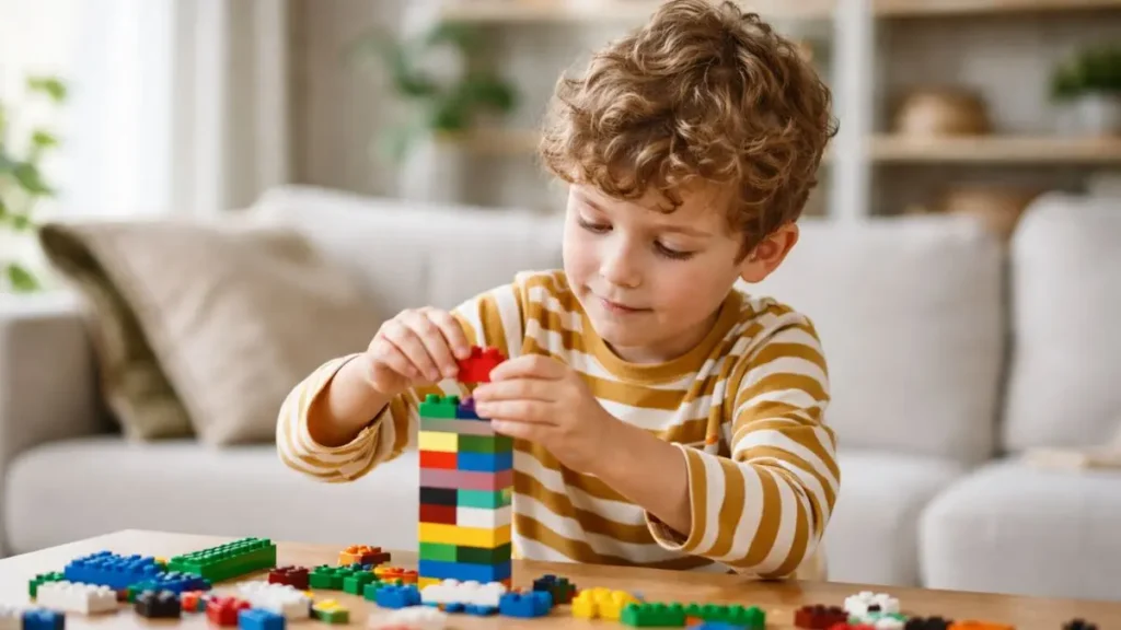 Child playing with LEGO at home, focused and calm while building with colourful bricks.