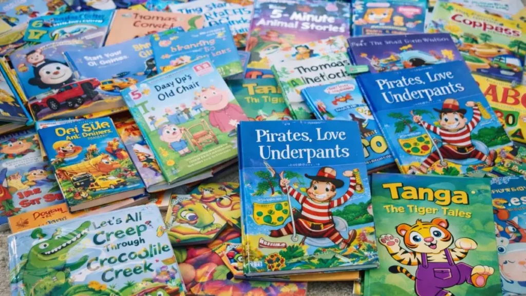 Lots of childrens books spread out on the floor.