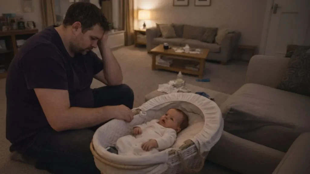 Dad staying calm while baby is unsettled.