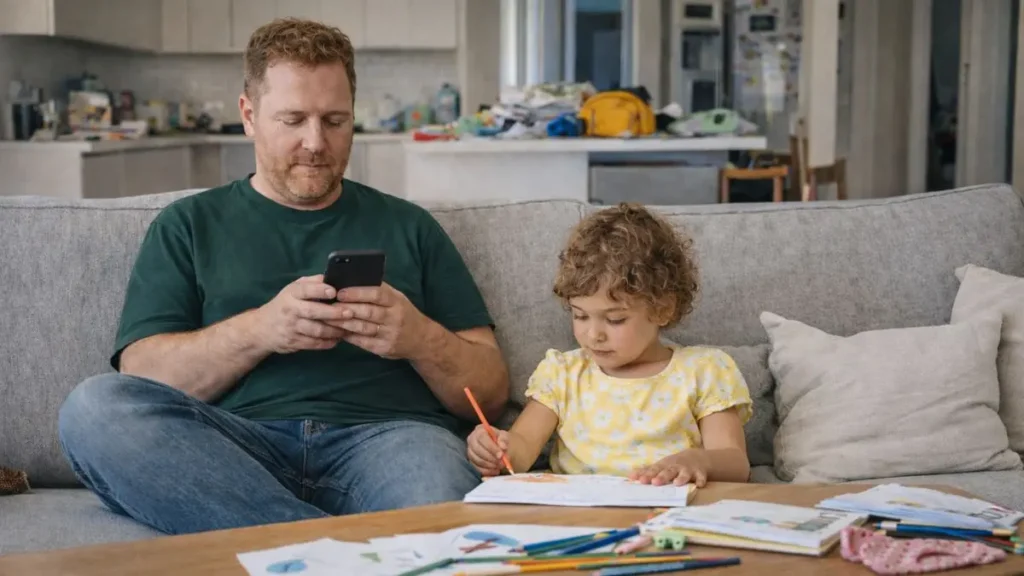 A dad scrolling on a phone while sitting with his daughter
