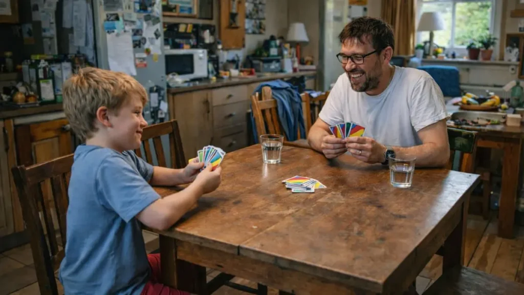 Dad and child playing a card game at the table.