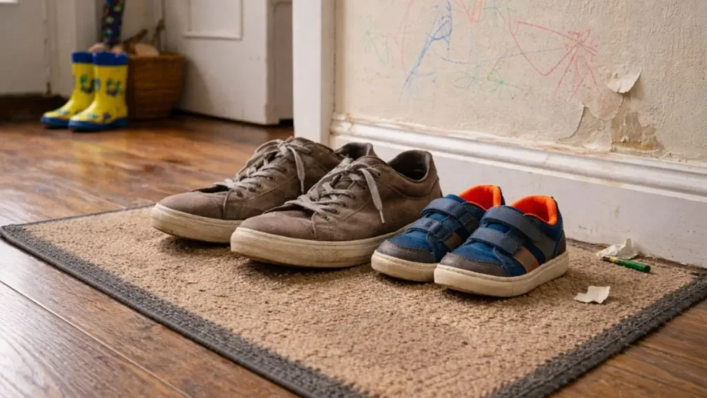 Adult and child shoes placed together by a doorway at home.