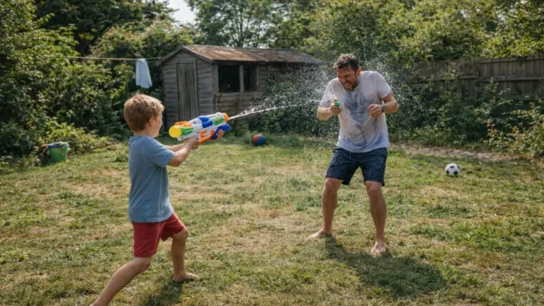 Dad and child having a water fight in the garden Dad and child having a water fight in the garden.