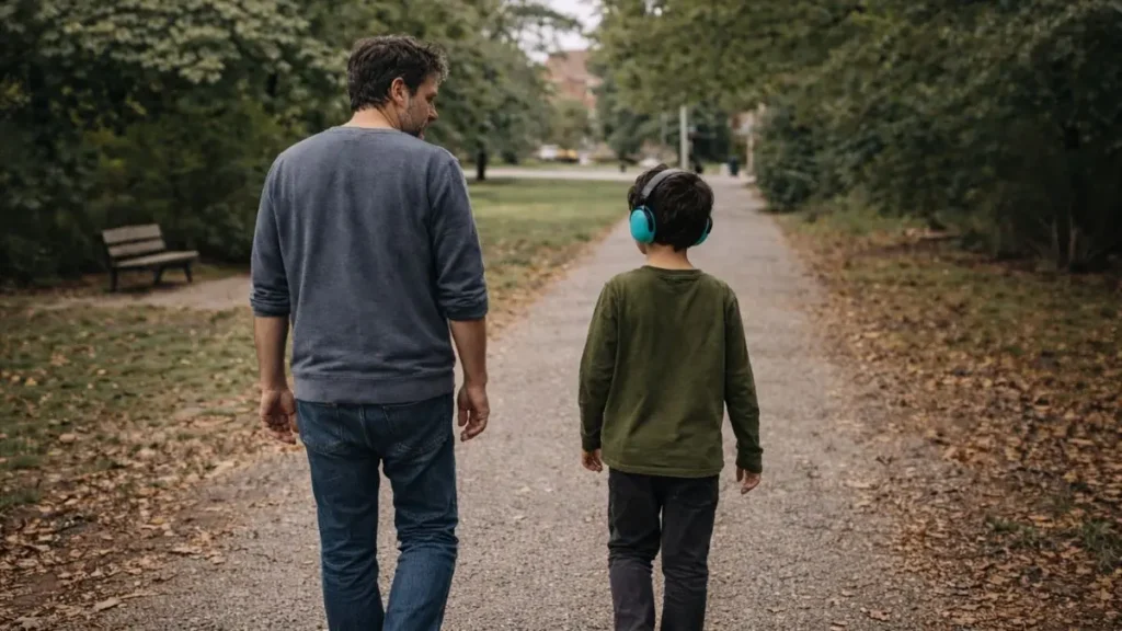 Dad and child walking side by side outdoors