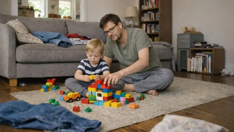 Dad playing with his child on the living room floor at home