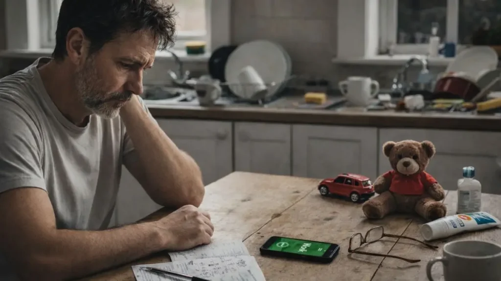 Dad sitting at a kitchen table thinking while family items are around him.