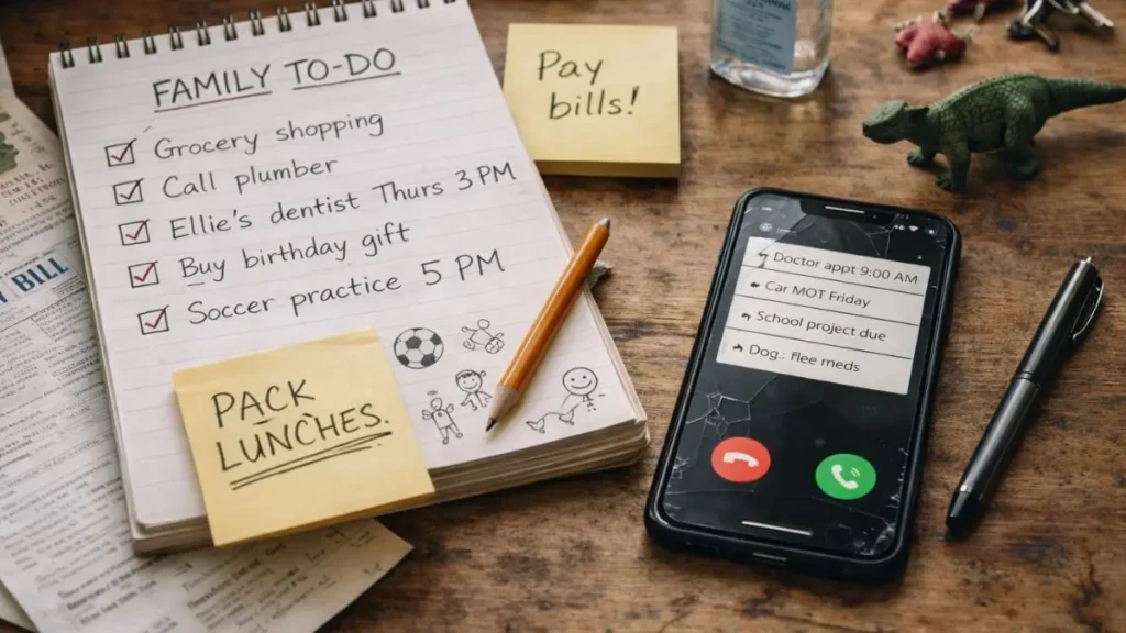 Family to-do list, reminders, and phone alerts on a table.