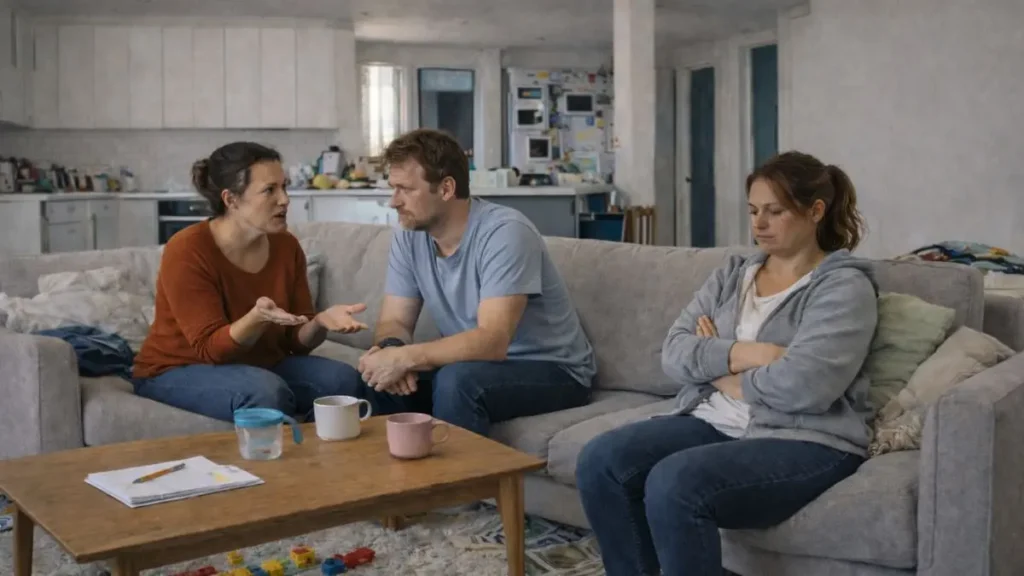 A parent listening during a family conversation about parenting.