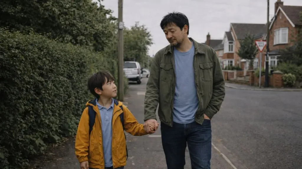 The quiet pressure to be the strong dad 3 Dad walking child to school on a quiet street