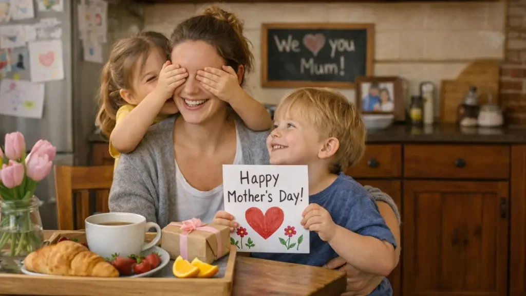 Mother smiling as her children surprise her with a handmade Mother’s Day card at the kitchen table.