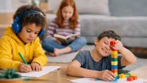 Three children playing and concentrating on different activities in a calm home setting