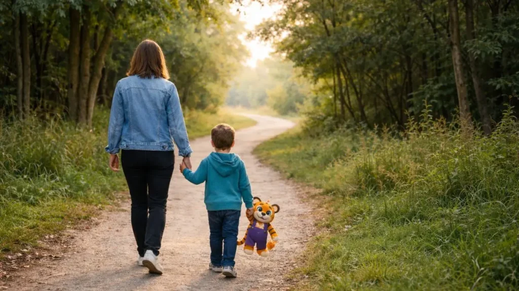 Child neurodiversity assessment waiting lists: A calm UK guide 1 A parent and child walking hand in hand along a quiet woodland path, the child holding a small Tanga the Tiger toy
