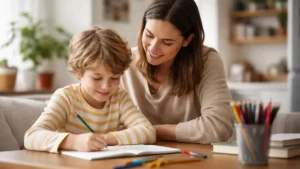 Neurodiversity image of a Parent sitting calmly with their child at home, reflecting a supportive and understanding family environment.