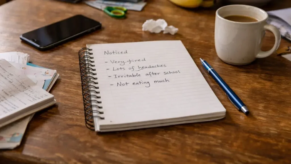 Notes and everyday objects on a kitchen table