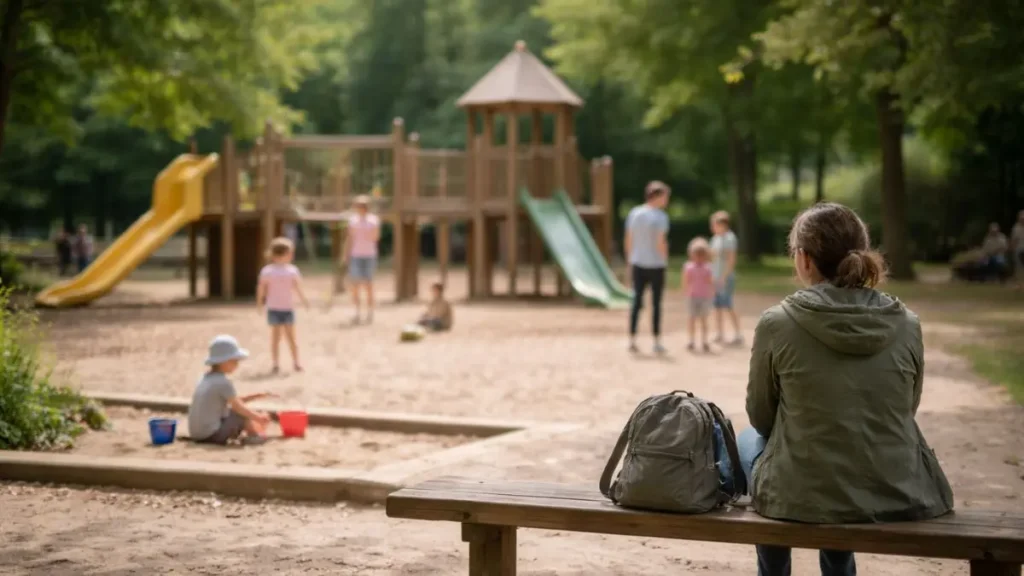 A parent sitting on a bench watching her daughter play in a park