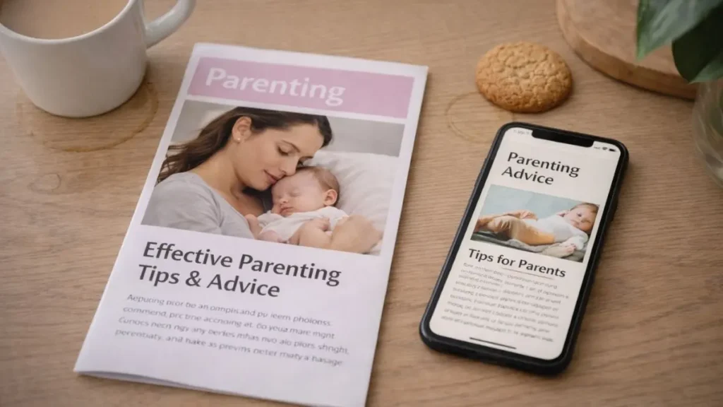 Parenting advice leaflet and phone on a table with coffee and biscuit
