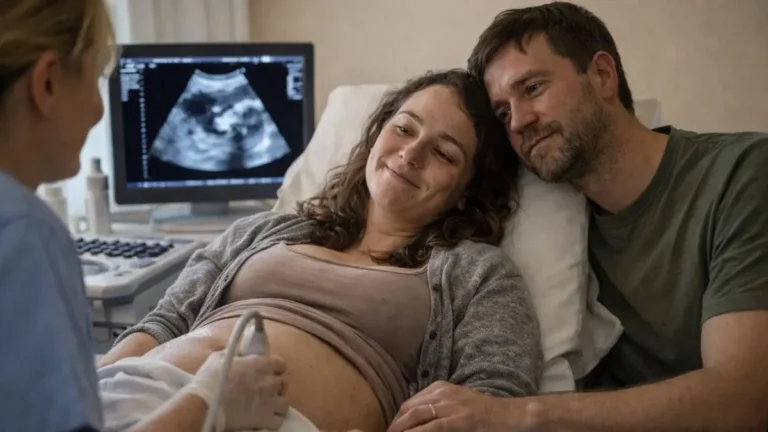 Mum and dad sitting together during a hospital baby scan appointment