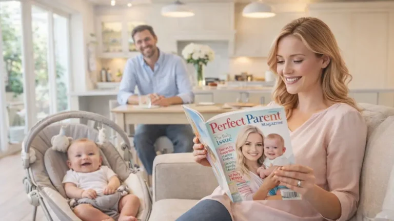 A smiling parent reading a glossy magazine titled Perfect Parent Magazine