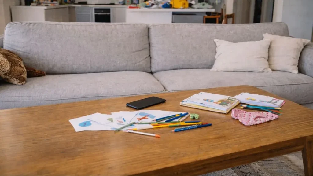 A phone placed face down on a table in a family home