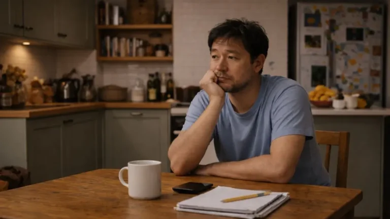 Dad sitting quietly at a kitchen table after a long day.