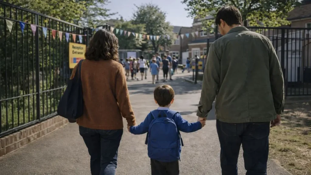 Parents walking with child towards a day at a UK primary school