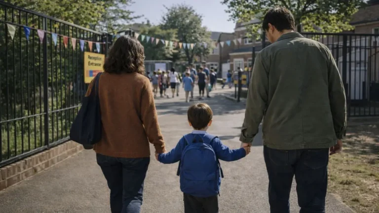 Parents walking with child towards a day at a UK primary school