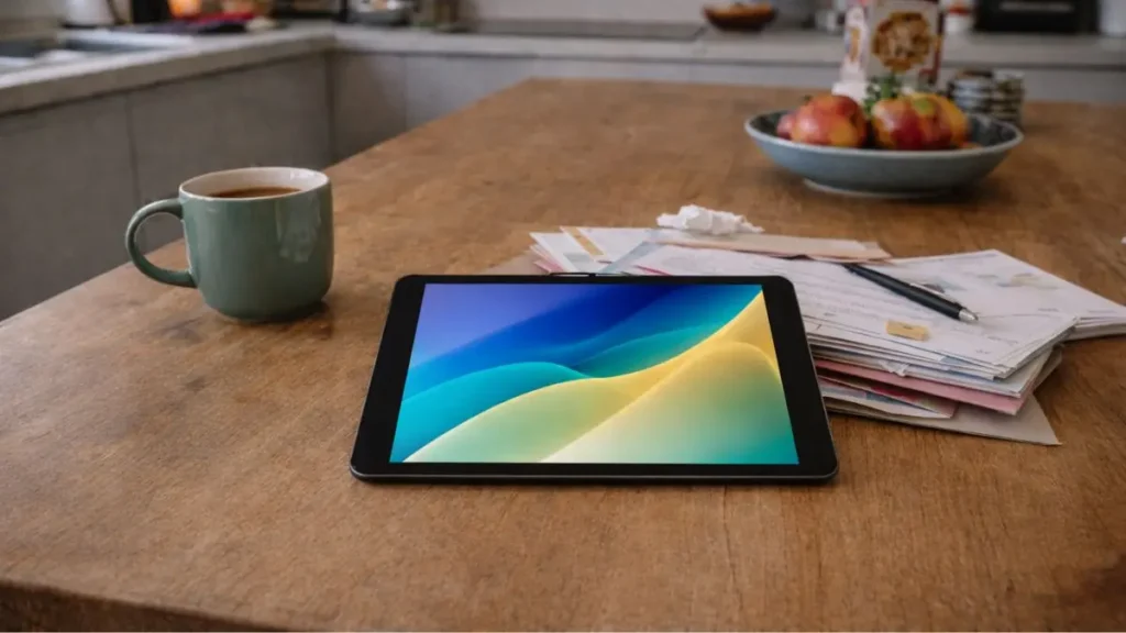 A tablet on a kitchen table in a family home