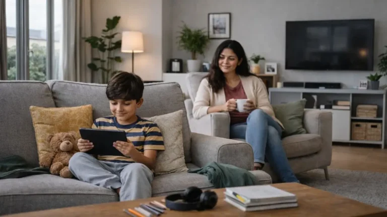 A child using a tablet in a lived-in UK family home