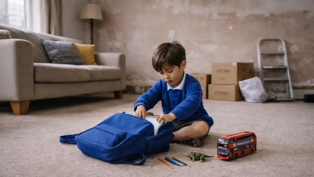 What school readiness realistically means in the UK 3 A child playing quietly with a school backpack at home